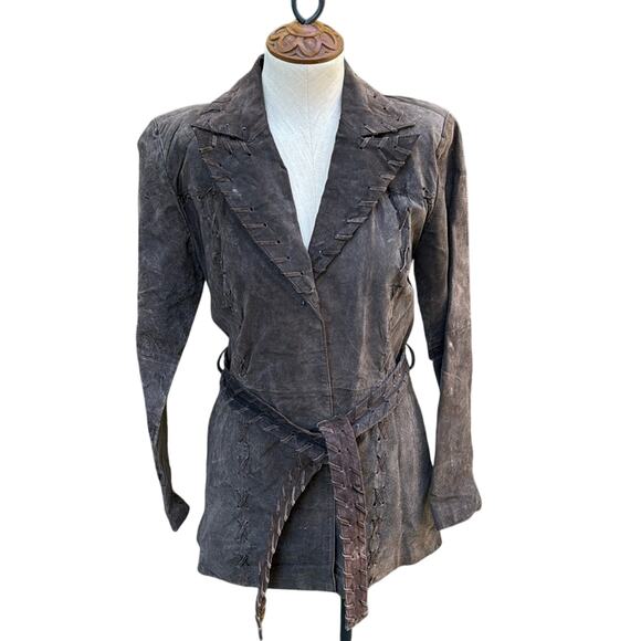 Vtg Y2K Marcelle Renee Brown Suede Leather Whipstitch Trench Coat Women's Small - Picture 1 of 16